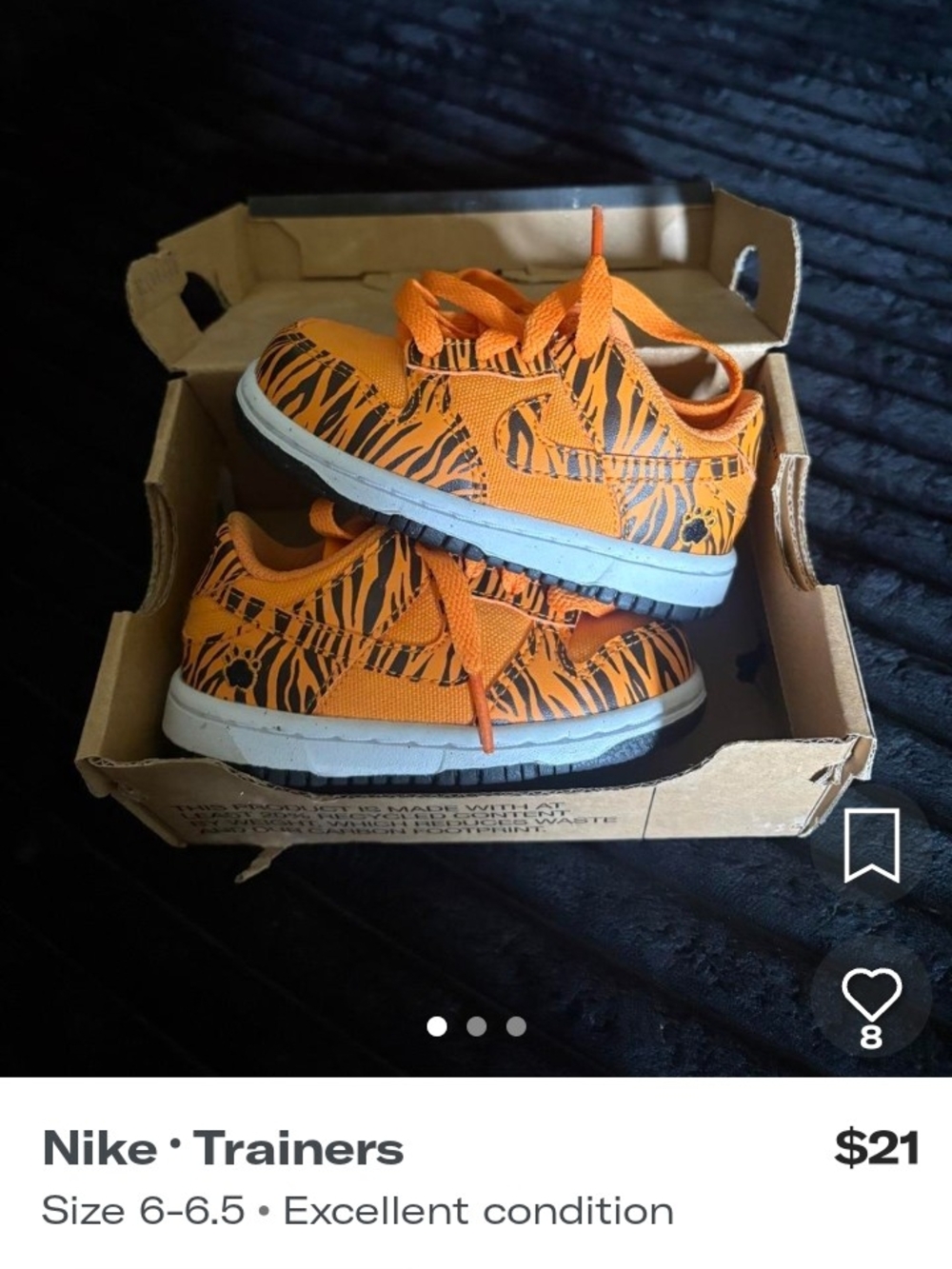 Nike Kids Orange and Black Tiger-Print Sneakers Size 6c Toddler